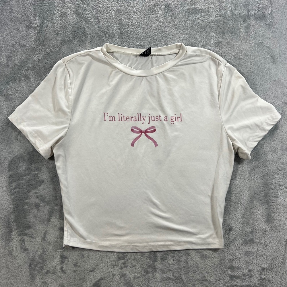 SHEIN Graphic Cropped T-Shirt Women Med White Im‎ Literally Just A Girl Pink Bow